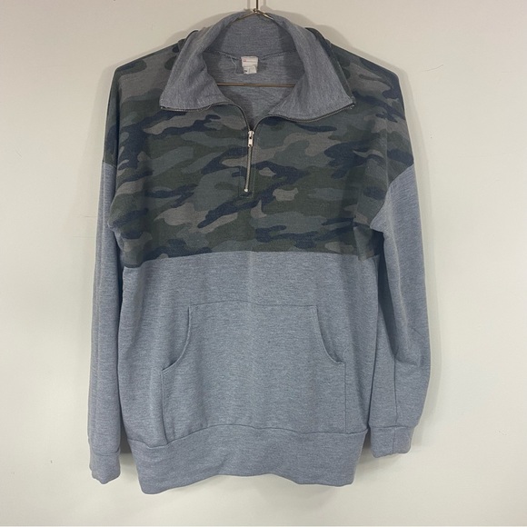 7TH RAY | Camo Gray Colorblock Henley Zip Sweatshirt - Picture 4 of 6